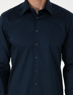 Lacivert %100 Pamuk Parlak Saten Slim Fit Uzun Kollu Basic G_mlek