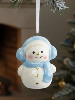 Игрушка елочная, 9 см, керамика, бело-голубая, Снеговик в наушниках и шарфе, Snowman