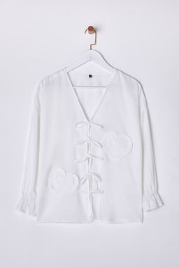 Beyaz Onu Ipli Baglamal? Kalp Nak?sl? Dokuma Bluz TWOSS25BZ00109 - Trendyolmilla фото 5