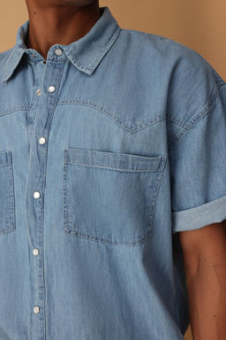 TRENDYOL MAN Mavi Genis Fit K?sa Kol Western Denim Kot Gomlek TMNSS25GO00046 - Trendyolmilla фото 3