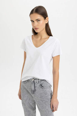 Базовая футболка стандартного кроя с V-образным вырезом и короткими рукавами - Defacto фото 4
