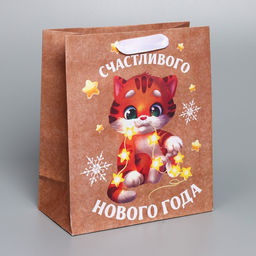 Пакет подарочный новогодний крафтовый вертикальный «Новогодние огоньки», ML 23 х 27 х 11,5 см