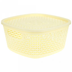 Домашняя мода Корзина-ящик пластмассовая Оренбургская сеточка 19,5х19,5см h10см, крышка с декором, с ручками, ванильный (Китай)