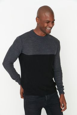 TRENDYOL MAN Siyah Slim Fit Dar Kesim Bisiklet Yaka Renk Bloklu Triko Kazak TMNAW21KZ0544