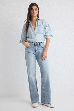 Ac?k Mavi Pacas? Kesikli Normal Bel Wide Leg Jeans TWOSS25JE00064 - Trendyolmilla фото 2