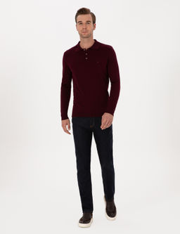 Bordo Slim Fit Regular Fit Pamuk Kar___ml_ Polo Yaka Basic Triko Kazak