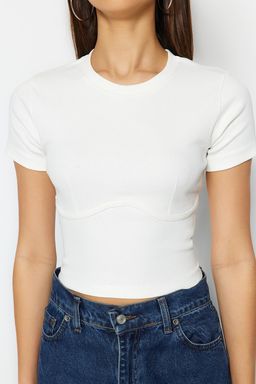 Trendyolmilla Beyaz Biye Detayl? Bisiklet Yaka Crop Fitilli Esnek Orme Bluz TWOAW21BZ0638  фото 10