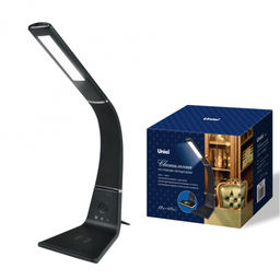 TLD-565 Black/LED/360Lm/3000-6000K/Dimmer/WR Светильник настольный, 12W. Сенсорный выключатель. Диммер. Беспроводное зарядное устройство. Черный. ТМ Uniel