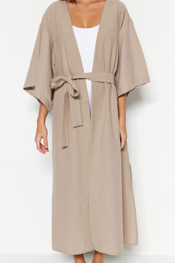 Bej Kusakl? Maxi Dokuma Keten Gorunumlu Plaj Kimono&Kaftan TBESS23KM00058 - Trendyolmilla фото 4