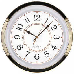 Часы настенные "Мистерия" д34,8см, h5,2см, мягкий ход, циферблат белый/перламутровый; цифры арабские, черный; корпус пластик, прозрачный, обод черный с золотым декором; в коробке (Китай)