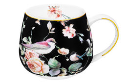 Кружка 400 мл 12,5*9,5*8,5 см Певчие птички на черном бочонок NEW BONE CHINA