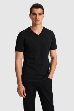 Erkek Regular Fit V Yaka Siyah Basic Ti__rt