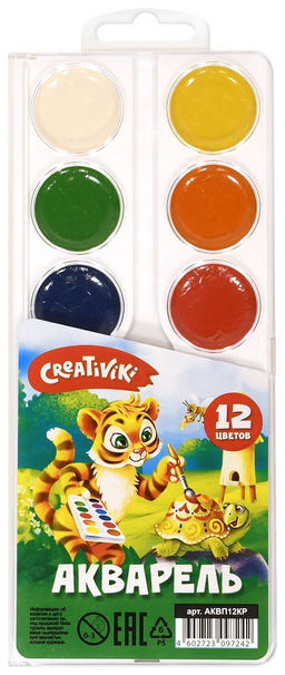 Акварель Creativiki 12 цветов, без кисти, пластиковая упаковка с европодвесом