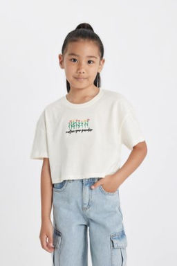 K?z Cocuk Crop Bisiklet Yaka Cicekli K?sa Kollu Tisort