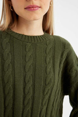 Женский плетеный трикотажный свитер обычного кроя с круглым вырезом и волосами - Defacto фото 4