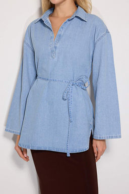 TRENDYOLMILLA Koyu Mavi Oversize Baglamal? Denim Gomlek TWOAW25GO00082  фото 20