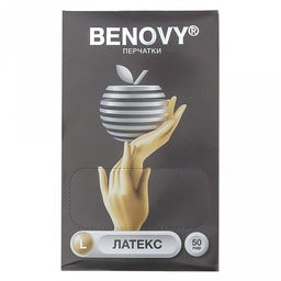 Перчатки медицинские смотровые латексные неопудренные нестерильные одноразовые "Benovy" L, текстурированные, эластичные, внутреннее покрытие одинарная хлоринация, устойчивые к разрывам, водонепроницаемые, желтый, ГОСТ 52239-2004 (Таиланд) В наборе 50