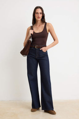 Koyu Mavi Kemerli Yuksek Bel Wide Leg Genis Paca %100 Pamuk Non-Stretch Jeans TWOSS26JE00326