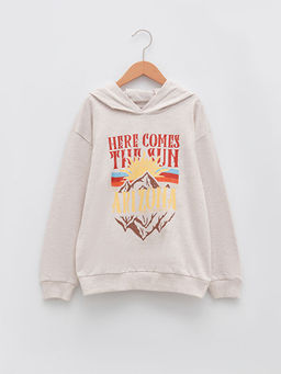 Kap??onlu Bask?l? Uzun Kollu K?z ?ocuk Sweatshirt