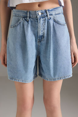 Trendyolmilla Mavi Yuksek Bel Pileli Denim Bermuda TWOSS25SR00179  фото 3