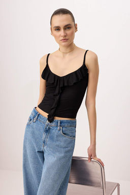 Siyah Ask_l_ F_rf_rl_ Fitted/V_cuda Oturan _rme Bluz TWOSS25BZ00601