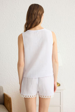 Trendyolmilla Beyaz %100 Pamuklu Dantel Dateyl? Muslin Sortlu Dokuma Pijama Tak?m? THMSS25PT00023  фото 5
