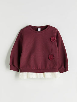 Bisiklet Yaka ?i?ek Aplikeli K?z ?ocuk Sweatshirt