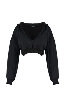 Siyah Kal?n Ici Polarl? Kapusonlu V Yaka Rahat Kesim Crop Orme Sweatshirt TWOAW23SW00096