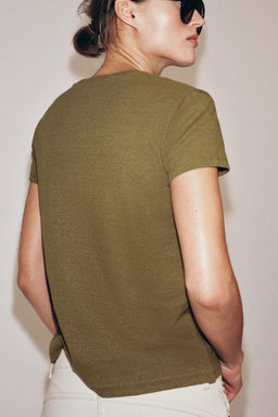 CAMISETA CON LINO MANGA CORTA / Oliva oscuro - Zara фото 3