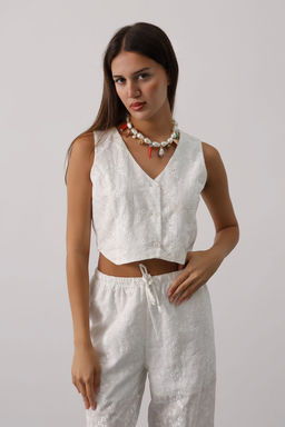 Trendyolmilla Beyaz V Yaka Crop Brode Yelek Dokuma Bluz TWOSS25BZ00171