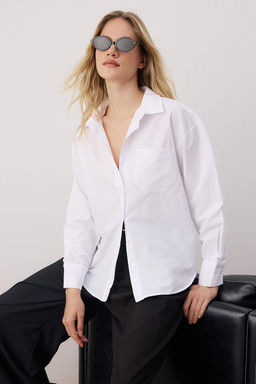 Beyaz Tek Cepli Boyfriend/Genis Kal?p Pamuklu Dokuma Gomlek TWOAW20GO0115