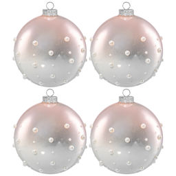 Набор 4 стеклянных новогодних шаров 8*8 см с дизайном "Бусинки", белый нежно-розовый