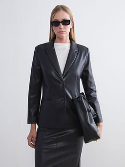 Kad?n Deri G?r?n?ml? Blazer Ceket