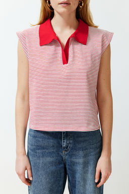 K?rm?z? Cizgili Kal?n Pamuklu Polo Yaka Regular/Normal Kal?p Orme T-Shirt TWOSS24TS00075