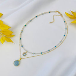 Колье двойное из Горного Хрусталя,Апатита и Аквамарина 38/42 см +