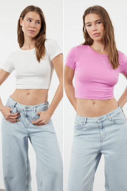 Pembe-Ekru 2li Paket Crop Viskoz/Yumusak Kumas Esnek Orme Bluz TWOSS23BZ00108