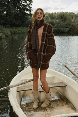 SHORT CHECK KNIT COAT WITH SCARF DETAIL