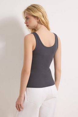 Antrasit Fitted/Vucuda Oturan Havuz Yaka Fitilli Esnek Orme Atlet TWOSS22AL0042