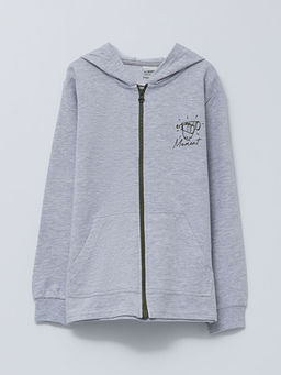 Kap??onlu Bask?l? Uzun Kollu Erkek ?ocuk Fermuarl? Sweatshirt