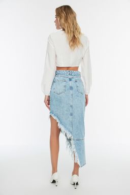Mavi Puskullu Asimetrik Midi Denim Etek TWOAW22ET0140 - Trendyolmilla фото 10