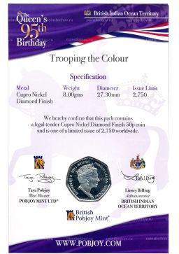 50 центов 2021 года Британские территории в Индийском океане 95 лет со дня рождения королевы Елизаветы II (в подарочном блистере)