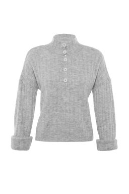 Gri Genis Kal?p Yumusak Dokulu Dik Yaka Triko Kazak TWOAW21KZ0783