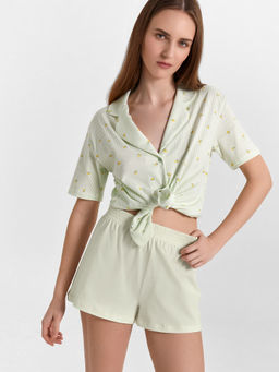 Рубашка женская салатовая в полоску лимоны на мятной полоске 502524