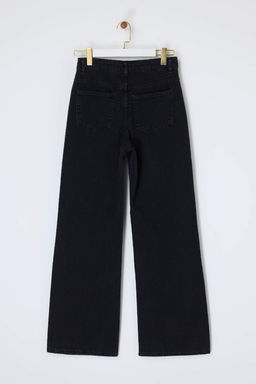 Siyah DOKUMLU Yuksek Bel MEVSIMLIK %100 Pamuk Uzun Boy Wide Leg Jeans TWOSS26JE00127