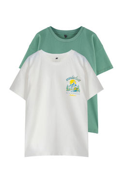 Ekru-Yesil 2li Paket Erkek Cocuk Oversize Orme T-Shirt TKDSS25TS00054
