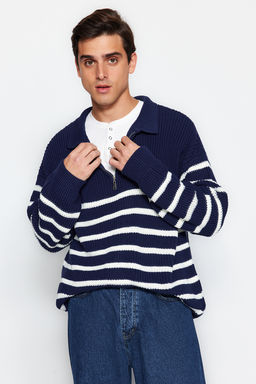 TRENDYOL MAN Vizon Casual Oversize Polo Yaka Cizgili Triko Kazak TMNAW24KZ00018 - Trendyolmilla фото 2