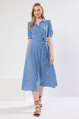 Mavi Cicek Desenli Kusakl? Midi Dokuma Viskon Gomlek Elbise TWOSS20EL1559