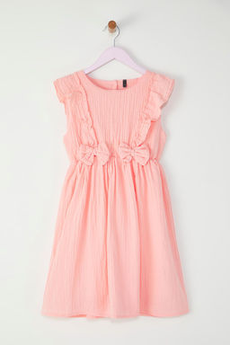 Somon K?z Cocuk %100 Pamuk F?rf?r Detayl? Kolsuz K?sa Dokuma Elbise TKDSS25EL00060