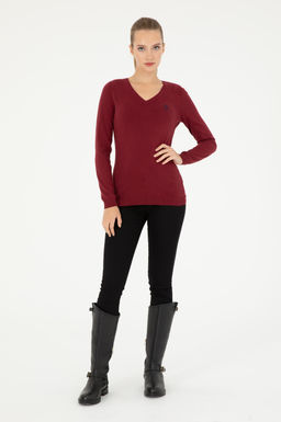 Женский бордовый базовый свитер с v-образным вырезом Неожиданная скидка в корзине - U.s. polo assn фото 4