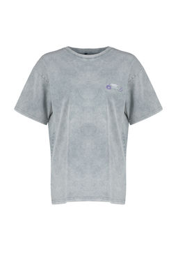 Ac?k Gri Kal?n Pamuklu Slogan Bask?l? Y?kamal? Oversize Kal?p Orme T-Shirt TWOSS24TS00200